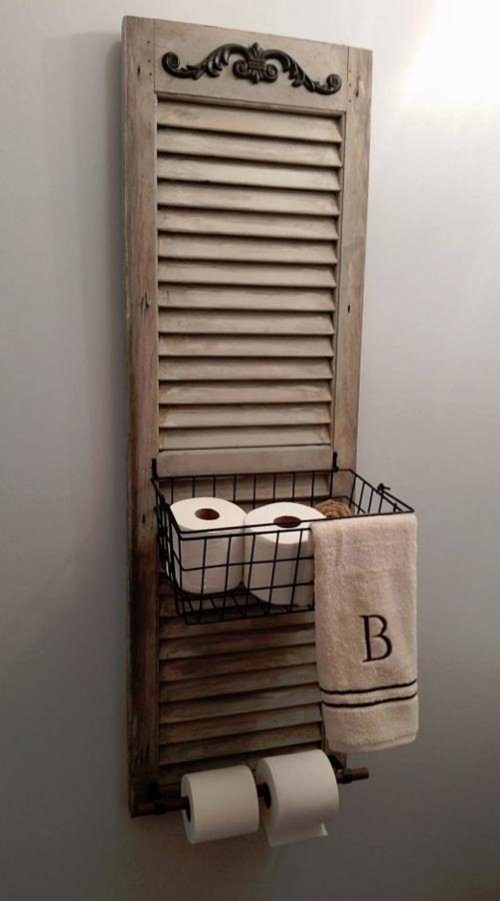 Storage basket with whitewashed shutters and toilet paper dispenser - decoration ideas